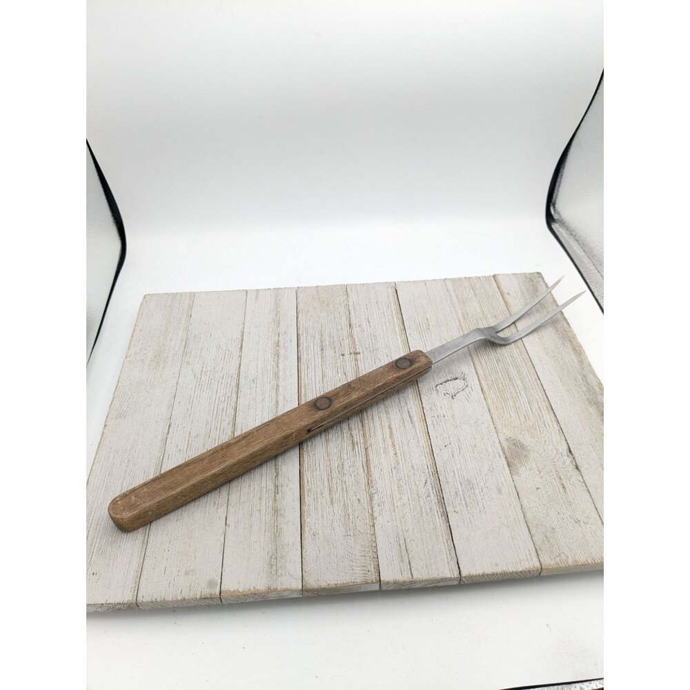 Vintage Flint Arrowhead Stainless USA Serving Meat Fork 17 1/2" Wooden Handle US